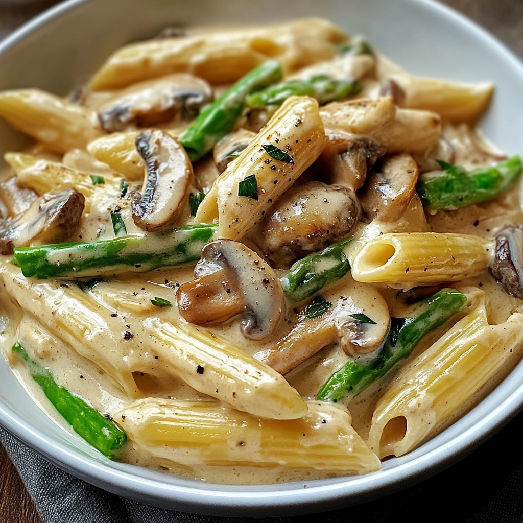 Creamy Mushroom & Asparagus Chicken Penne