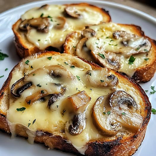 Gourmet Cheesy Mushroom and Garlic Toasts recipe