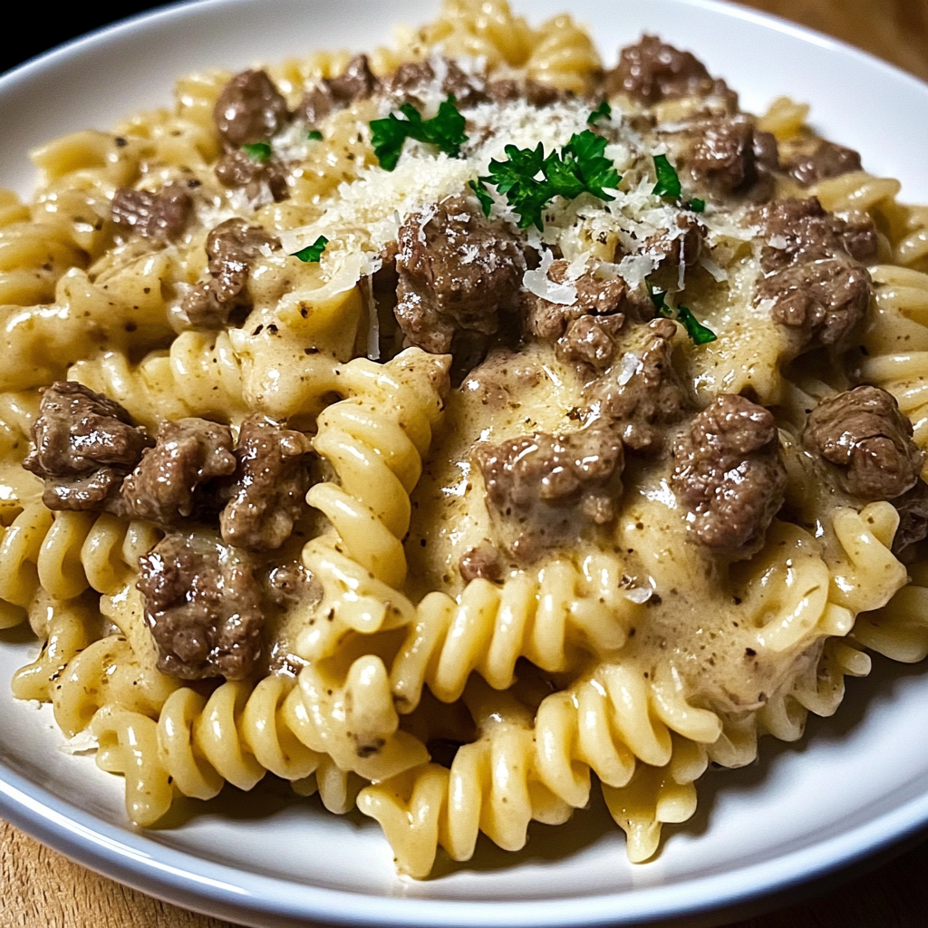 Beef and Rotini in Garlic Parmesan Sauce
