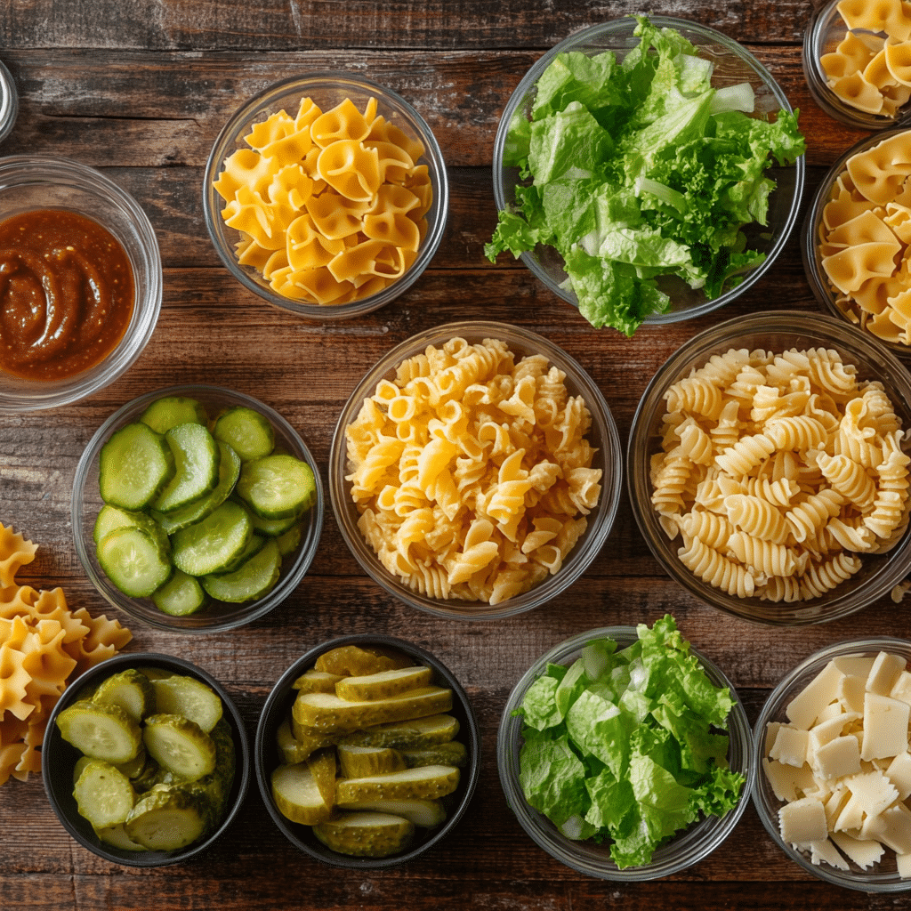 Ingredients laid out for Big Mac pasta salad prep