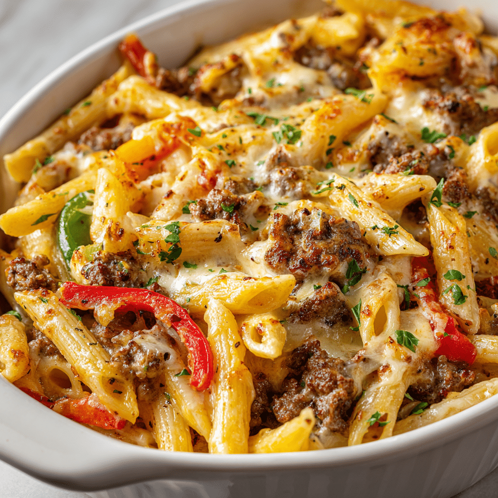 Philly Cheesesteak Pasta Bake