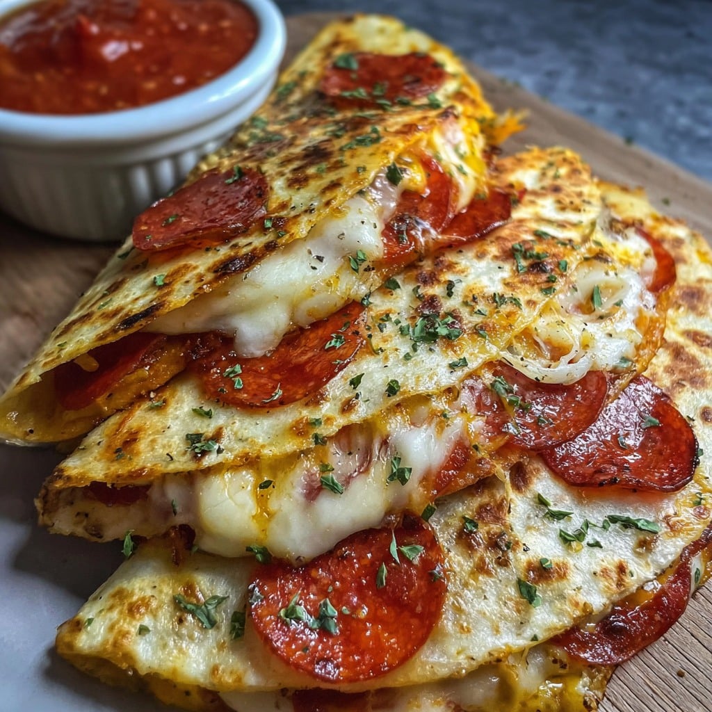 Crispy pepperoni pizza quesadillas with marinara sauce