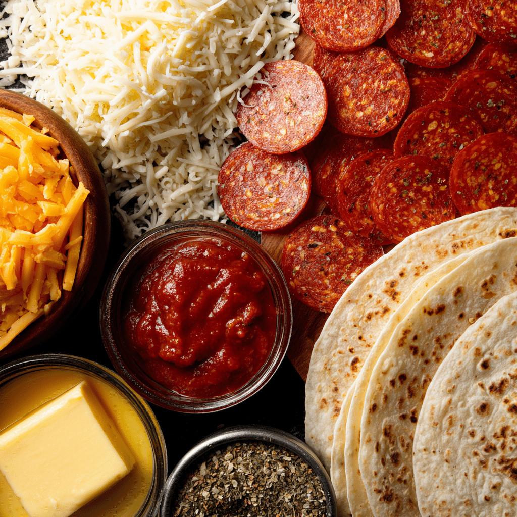 Ingredients for pepperoni pizza quesadillas on a countertop