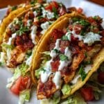 Chicken Bacon Ranch Tacos on a wooden plate with ranch drizzle