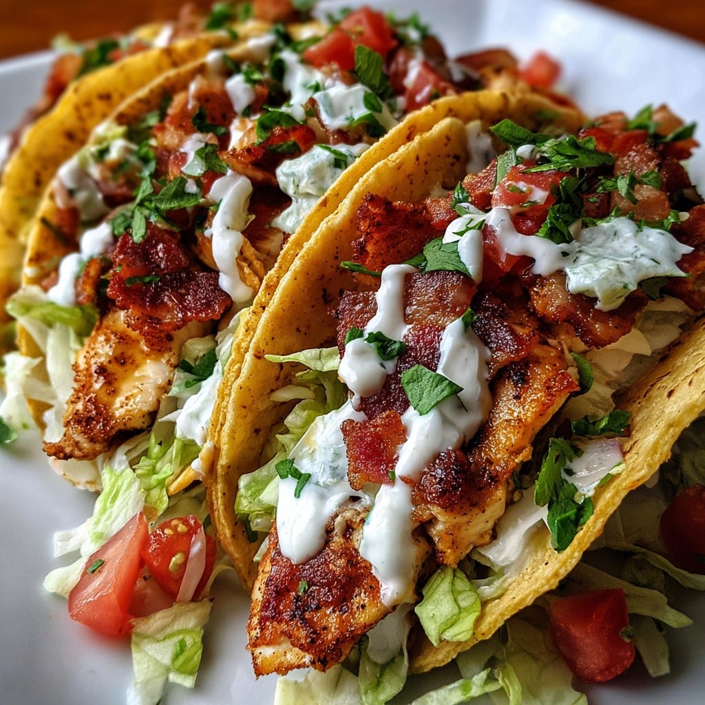 Chicken Bacon Ranch Tacos on a wooden plate with ranch drizzle