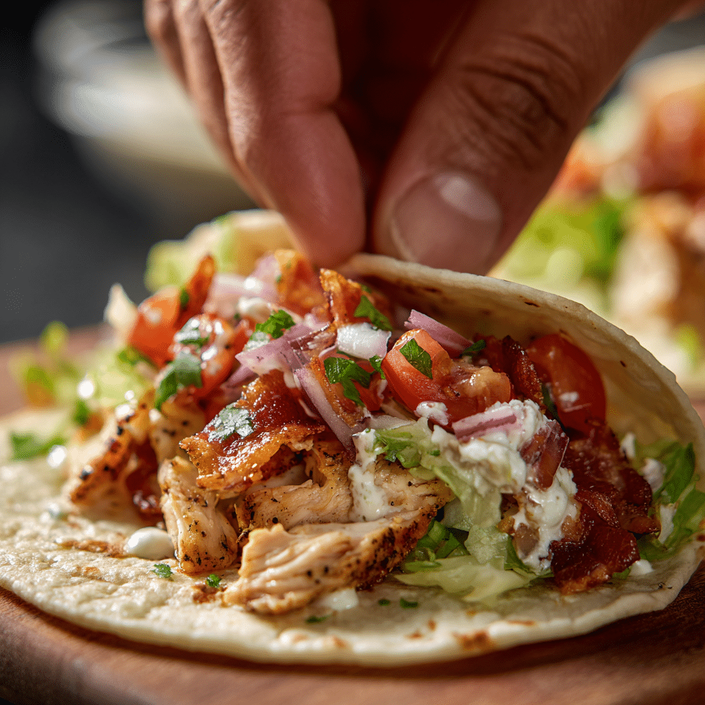 Hand assembling Chicken Bacon Ranch Tacos with toppings