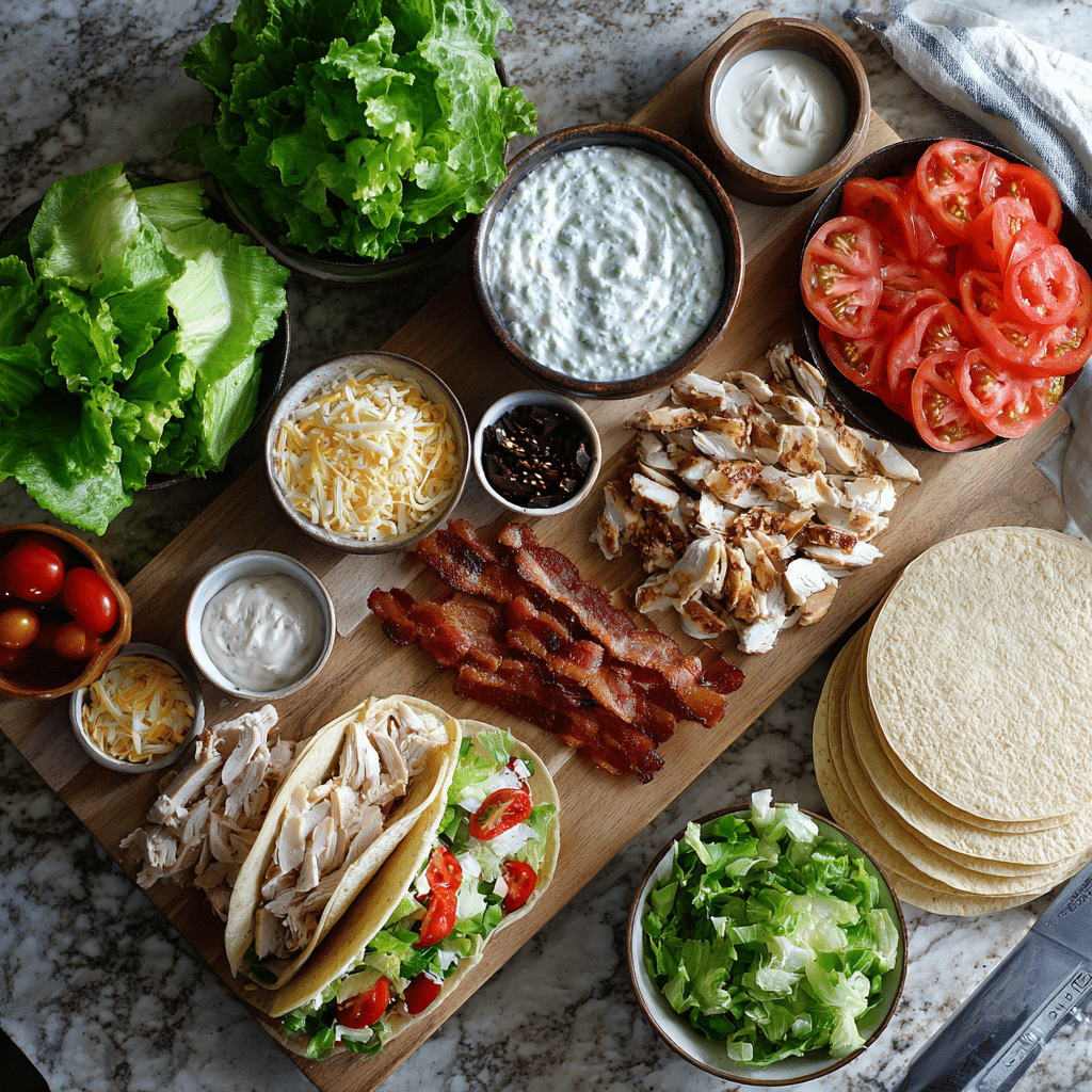 Ingredients for Chicken Bacon Ranch Tacos laid out on counter