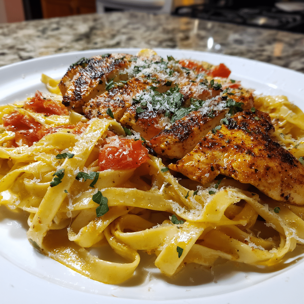 Creamy Cajun Chicken Pasta with parsley garnish