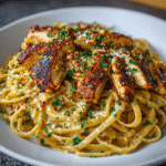 Bowl of spicy Cajun chicken linguine in creamy garlic Parmesan sauce, topped with golden-brown seared chicken strips, sprinkled Parmesan cheese, parsley garnish, and red pepper flakes on a rustic wooden table.