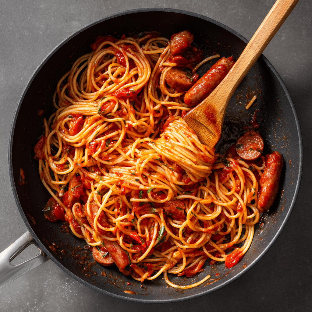 Cooking one-pan sausage tomato spaghetti