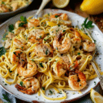 Garlic butter chicken and shrimp pasta with linguine, garnished with parsley and lemon wedges on a white plate.