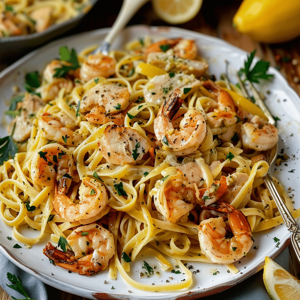 Garlic butter chicken and shrimp pasta with linguine, garnished with parsley and lemon wedges on a white plate.