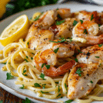 Close-up of shrimp and chicken pasta with spaghetti, seasoned with black pepper, parsley, and lemon.