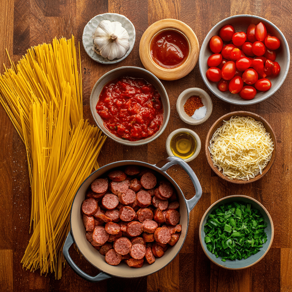 Ingredients for one-pan sausage tomato spaghetti
