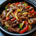 pepper steak stir-fry with colorful bell peppers and onions.