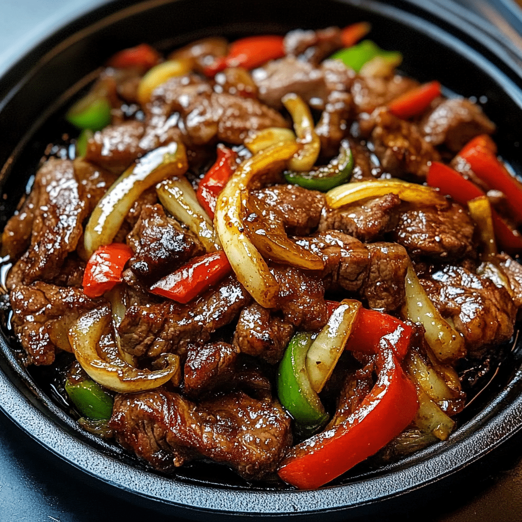pepper steak stir-fry with colorful bell peppers and onions.