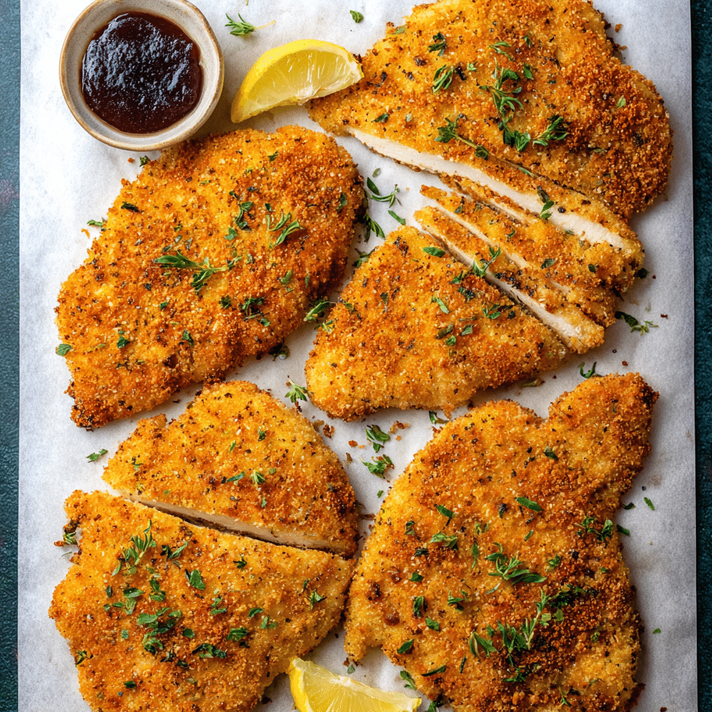 Golden-brown baked chicken cutlets arranged on parchment paper with fresh herbs, lemon wedges, and a small bowl of dark sauce