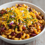 A comforting bowl of one-pot chili mac topped with melted cheddar cheese, red onions, and fresh parsley, showcasing tender macaroni, hearty ground beef, and kidney beans in a rich tomato sauce.