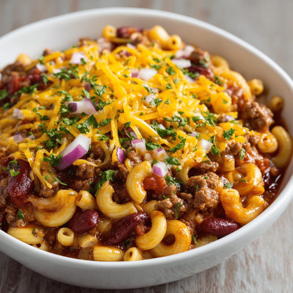 A comforting bowl of one-pot chili mac topped with melted cheddar cheese, red onions, and fresh parsley, showcasing tender macaroni, hearty ground beef, and kidney beans in a rich tomato sauce.