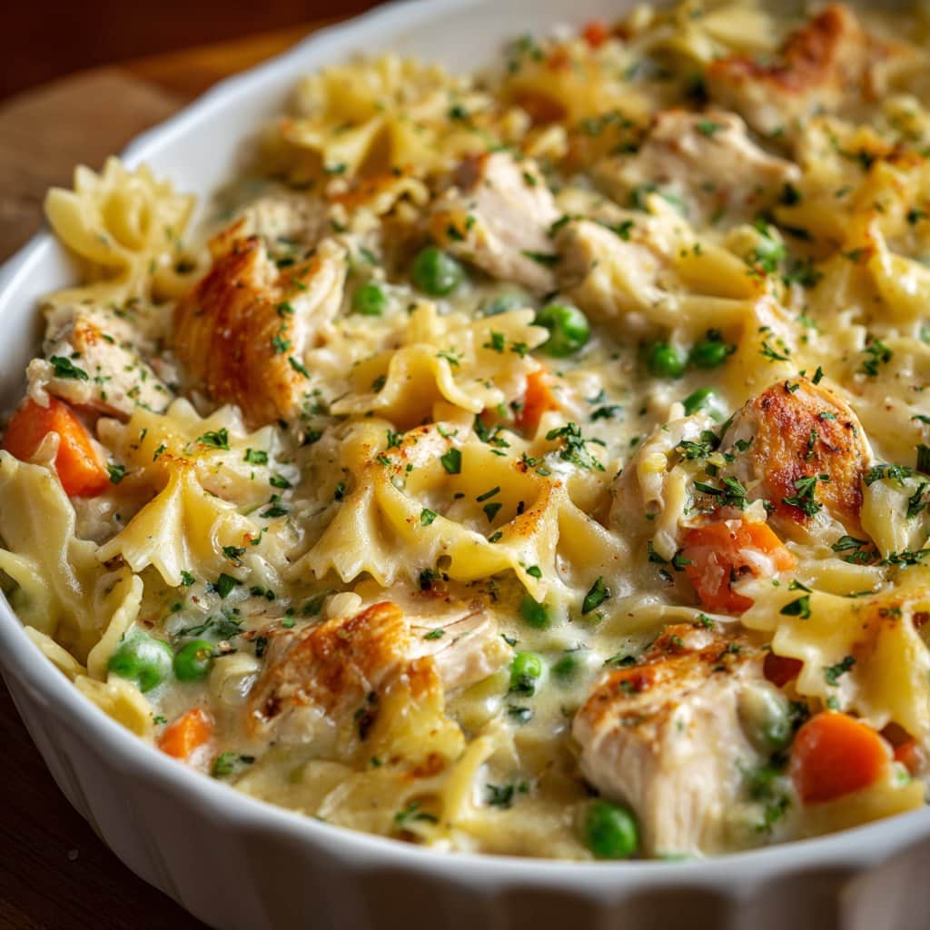Chicken pot pie pasta baked with farfalle pasta, creamy sauce, chicken, peas, carrots, and herbs